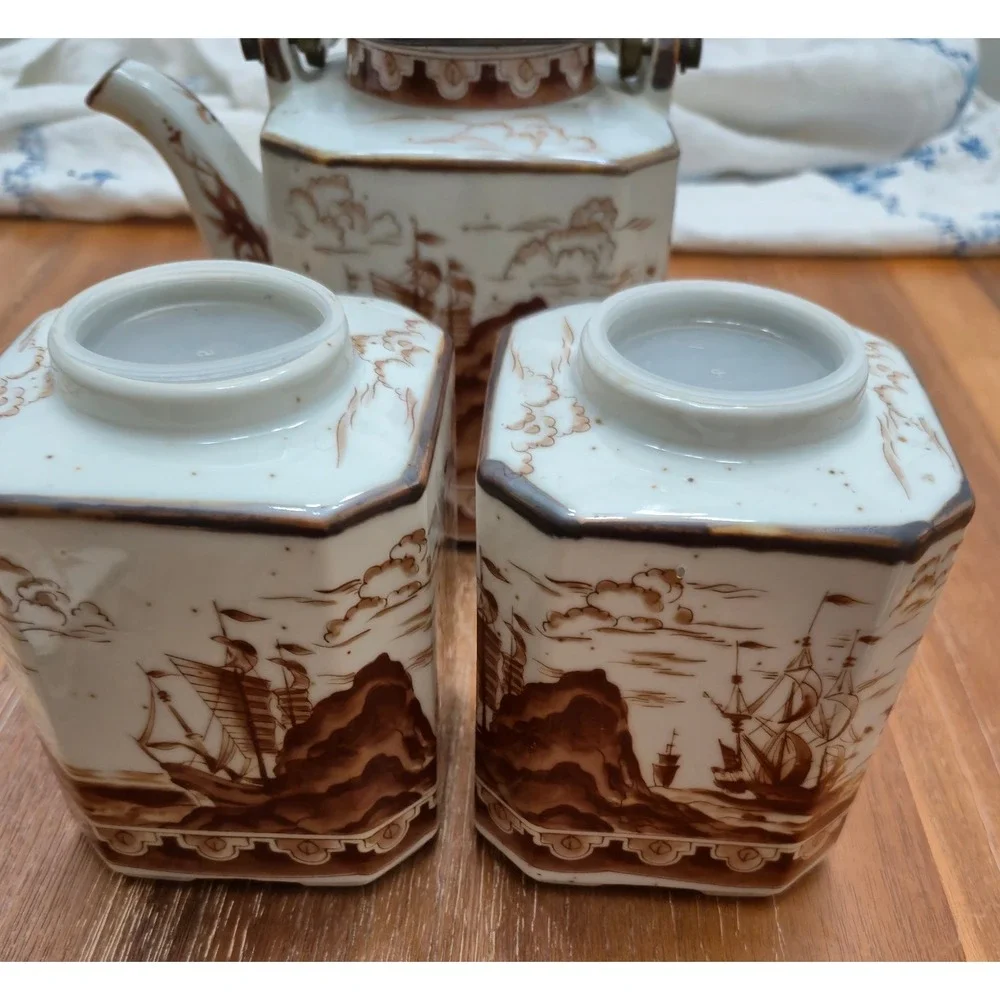 Japan Tea Set Vintage 40s 50s White Brown Nautical Ship Tea Caddies Teapot